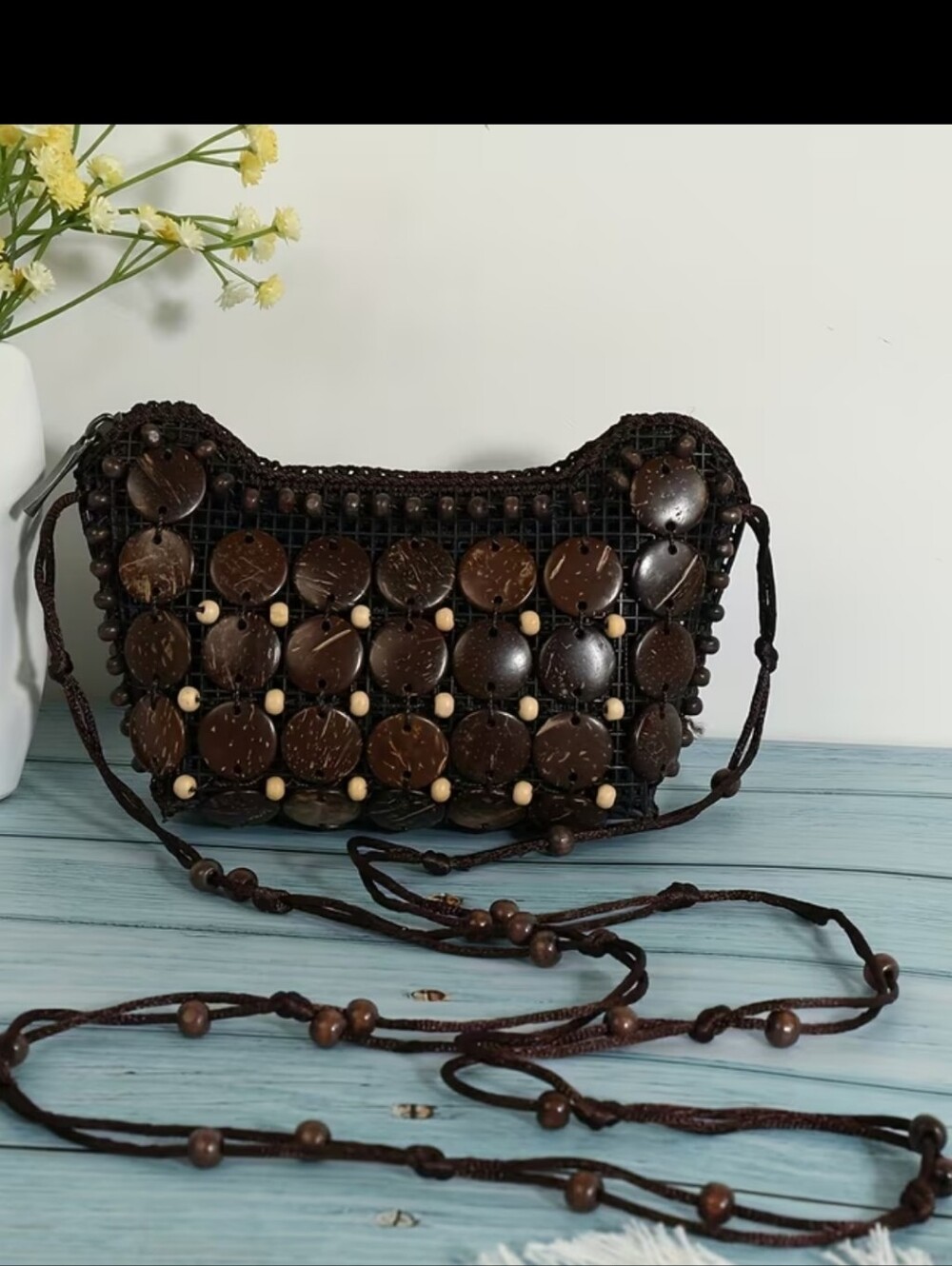 Handcrafted Dark Brown Coconut Bead Crossbody Bag